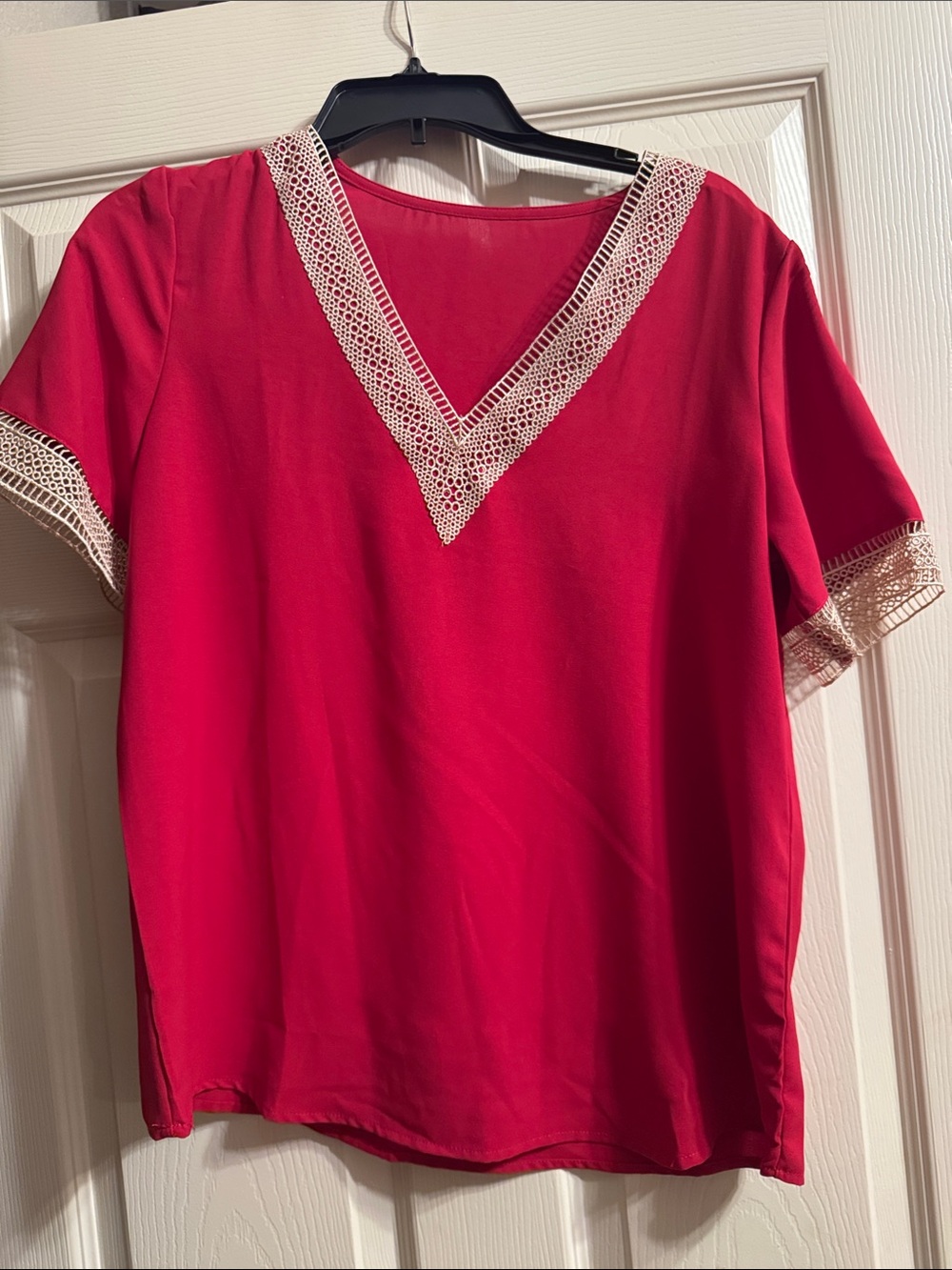 Women’s Red V-Neck Lace Trim Top